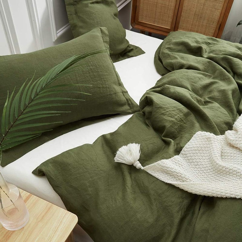 Simple&Opulence 100% Linen Duvet Cover Set, 3 PCS Natural French Flax Olive Green Duvet Cover Queen Size, Breathable Soft Comfy Linen Bedding Comforter Cover with 2 Pillowcases(Olive Green, 88"x92") - Image 4